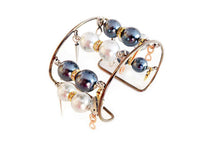 Original Handmade Pearl Cuff Bracelet With Gunmetal, Light Blue Pearls, Rhinestones, Gold Charms, Pointed Studs. Summer Bracelet