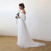 BLUSHFASHION - Original Ivory Off-The-Shoulder Lace & Tulle Train Dress #1162