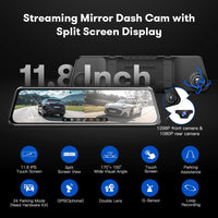 AZDOME - Original PG17 Mirror Dash Cam Front and Rear Dual Dash Camera for Cars 11.8" Full Touch Screen 1296P Night Vision Backup Camera