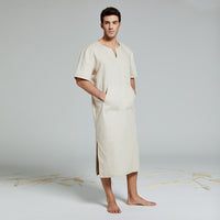 Mens Natural Linen Cotton Ultra Long Floor Length Robes Bathrobes Lounge Wear Casual Kaftan Thobe v Neck Long Gown Caftan Tunic