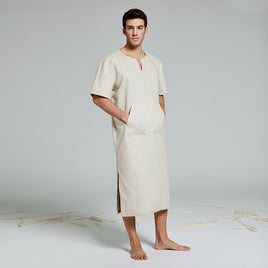 Mens Natural Linen Cotton Ultra Long Floor Length Robes Bathrobes Lounge Wear Casual Kaftan Thobe v Neck Long Gown Caftan Tunic