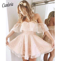 Original Lovely Off Shoulder Lace Pink Homecoming Dresses Little Short A Line Pleats Mini Cocktail Gowns Backless