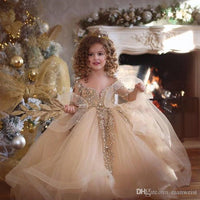 Original Champagne Ball Gown Flower Girls Dresses For Weddings Long Sleeves Crystal Little Kids Toddler Pageant Dress