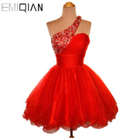 EMIQIAN - Original Classical Short Beaded Prom Dresses,Short Party Dress,Puffy Skirt One-Shoulder Red Tulle Cocktail Dresses