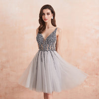 Original Sparkle Crystal Beaded Short Cocktail Dresses Gray Homecoming Dress Double V-Neck Sexy Shiny Mini Prom Gown Robe De Cocktail
