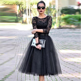 Original Lceland Poppy A-Line Vintage Scoop Neck Black Lace Cocktail Dresses Tea Length 3/4 Sleeves Tulle Cocktail Party Formal Dress