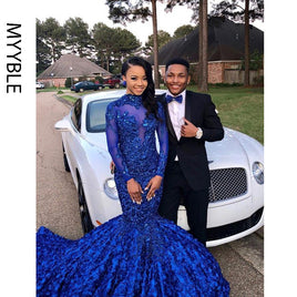 MYYBLE - Original Real Photo New Royal Blue Mermaid Prom Dresses 2024 High Neck Long Sleeve Appliques Winter Formal Dress Evening Party Gowns