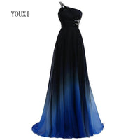 Original Sexy Criss-Cross Back One Shoulder Ombre Blue Black Red Chiffon Long Prom Dresses 2020 Real Photos Formal Party Gowns