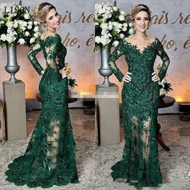 Original Sparkly Wedding Dresses Long Illusion Sleeve Vintage Dark Green Mother of The Bride Dresses Lace Appliques Mermaid Formal Gowns