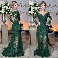Original Newest Dark Green Mother of The Bride Dresses Sheer Jewel Neck Lace Appliques Long Sleeve Mermaid Formal Evening Prom Dress