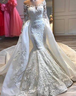 Original Luxury Appliques Mermaid Wedding Dresses Scoop Neck Long Sleeves Beaded Detachable Train Bridal Gown Vestido De Noiva