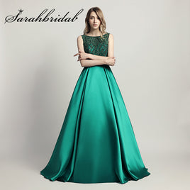 Original Elegant Beaded Women Evening Party Ceremony Dresses Long Dubai O Neck Satin Floor Length a Line Formal Prom Gown Vestidos LX443