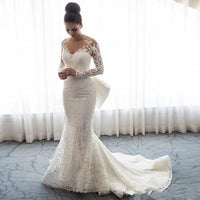 WUDANGSHAN - Original 2021 Luxury Mermaid Wedding Dresses Sheer Neck Long Sleeves Illusion Full Lace Applique Bow Overskirts Button Back Chapel Train