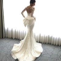 WUDANGSHAN - Original 2021 Luxury Mermaid Wedding Dresses Sheer Neck Long Sleeves Illusion Full Lace Applique Bow Overskirts Button Back Chapel Train