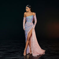 Original Colorful Shiny Pink Sequined Prom Dresses 2021 Sexy Off The Shoulder High Split Lace Prom Gowns With Long Gloves