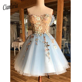 SPRAYING - Original A-Line Off-the-Shoulder Above-Knee Light Blue Homecoming Prom Dress with Appliques