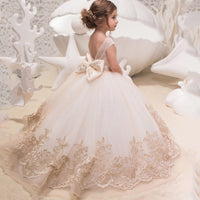 Original Champagne Lace Ball Gown Flower Girl Dresses Long Sleeve Girl Princess Dress Illusion Girl Wedding Party Dress First Communion