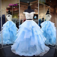 Original Light Blue Ball Gown Two Pieces Quinceanera Dress Lace Off Shoulder Ruffles Organza Formal Dresses Sweet 16 Long Prom Dresses