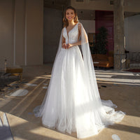 UZN Original Elegant A-Line Wedding Dress V-Neck Long Puffy Sleeves Lace Appliques Beading Satin And Tulle Bridal Gown Sexy Brides Dress
