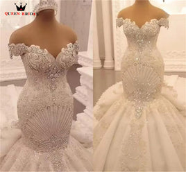 Original Luxury Wedding Dresses Mermaid Long Train Tulle Lace Beaded Crystal Diamond Sexy Formal Bride Gown Custom Made JY67