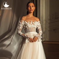 Original Aedmgh Romantic 3D Flowers Wedding Dresses 2022 Boat Neck Long Sleeve Robe De Mariee Beaded Sequined Appliques Vestido De  Novia
