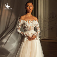 Original Aedmgh Romantic 3D Flowers Wedding Dresses 2022 Boat Neck Long Sleeve Robe De Mariee Beaded Sequined Appliques Vestido De  Novia