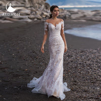 Original Aedmgh Sheath Mermaid Wedding Dresses 2022 V-Neck Long Sleeve Sweep Train Vestido De Novia Gorgeous Appliques Robe De Mariee
