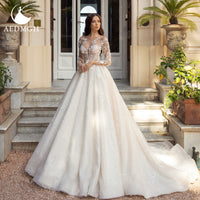 Original Aedmgh A-Line Luxury Wedding Dresses 2022 Sweetheart Long Sleeve Vestido De Novia Lace Appliques Sequined Empire Bridal Gown