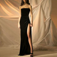 Original Black Strapless Velvet Evening Dresses Sleeveless Simple Elegant Floor-Length Split Vestido de fiesta Sexy Party Ball Gown