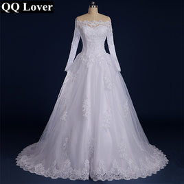 Original Vestido De Noiva 2022 Beaded Appliqued Long Sleeve Lace Wedding Dress Boat Neck Wedding Dress