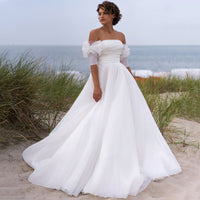 Original Boat Neck Beads Pleats Short Bow Puffy sleeve Tulle A-Line Lace Up Back Wedding Dress 2022 Vestido De Noiva Bridal Gown