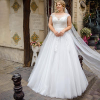 MAXIANEVER - Original 2022 Scoop Appliques Lace Cap Sleeve Buttons Tulle A-Line Wedding Dress Bridal Gown Vestido De Noiva robes de mariées
