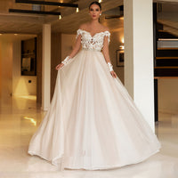 Original Vintage Scoop Appliqued Lace See Throgh Top Long Sleeve Beads A-Line Tulle Wedding Dresses Bridal Gowns vestido de noiva 2022
