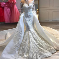 Original Luxury Appliques Mermaid Wedding Dresses Scoop Neck Long Sleeves Beaded Detachable Train Bridal Gown Vestido de Noiva