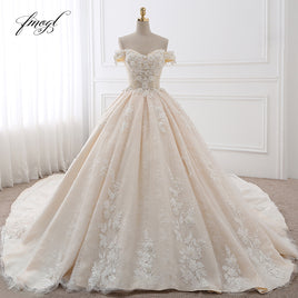 Original Fmogl Royal Train Sweetheart Ball Gown Wedding Dresses 2022 Appliques Flowers Vintage Lace Bride Gowns Vestido De Noiva