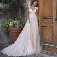 Original Elegant Tulle Scoop Wedding Dress A-Line 2022 Short Sleeves Backless Illusion Wedding Gown Beads Lace Appliques Vestido de Novia