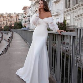 Original Long Puffy Sleeve Mermaid Wedding Dresses 2021 Criss-Cross Pleat Chiffon Simple Bridal Gown Sweep Train Sexy Off The Shoulder