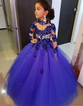 Original Appliques Royal Blue Ball Gown Girls Pageant Dresses High Neck Long Sleeves Lace Crystal Beads Kids Formal Prom Toddler First