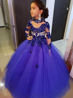 Original Appliques Royal Blue Ball Gown Girls Pageant Dresses High Neck Long Sleeves Lace Crystal Beads Kids Formal Prom Toddler First