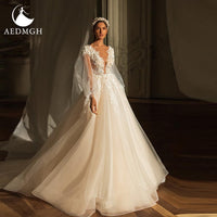 Original Aedmgh Charming A-Line Wedding Dresses 2022 V- Neck Puff Sleeve Court Train Vestido De Novia Beaded Appliques Bridal Gowns