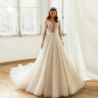 Original Aedmgh Luxury Empire Wedding Dresses 2022 V- Neck Long Sleeve A-Line Court Train Vestido De Novia Lace Appliques Robe De Mariee