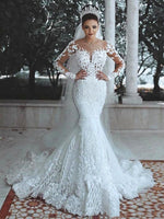 KATRISTSIS D - Original 2022 Spring Wedding Dress Mermaid Illusion Bodice vestido de noiva Long Sleeve Sheer Neck Lace Appliques Bridal Gowns