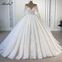 Original Alonlivn Elegant Silky Lace Of V-Neck Full Sleeve A Line Wedding Dress Beading Pearls Brown Skin Bridal Gowns