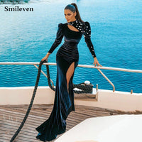 Original Smileven Sexy Black Mermaid Evening Dress Long Sleeve High Neck Beads Crystal Party Dresses Robe De Soirée Side Split Prom Gowns
