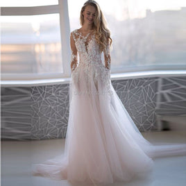 TAROANDEDDO - Original 2022 Beading Applique Long Sleeves Wedding Dresses Sheer Sexy O Neck Pink Vestido De Noiva Floor Length Buttons Back Bride Dress