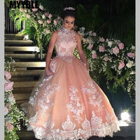 Original Sweet 16 Year Lace Champagne Quinceanera Dresses 2021 Vestido Debutante 15 Anos Ball Gown High Neck Sheer Prom Dress for Party QD31