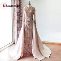 Original Muslim Pink Elegant Long Sleeves Mermaid With Detachable Train Evening Dresses Gowns for Woman Serene Hill Plus