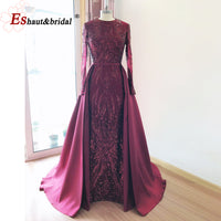 Original Muslim Pink Elegant Long Sleeves Mermaid With Detachable Train Evening Dresses Gowns for Woman Serene Hill Plus