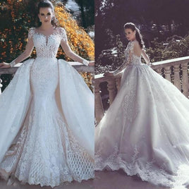 Original African Luxury Lace Mermaid Wedding Dresses 201 Illusion Neck Long Sleeve Detachable Train Appliques Beaded Plus Size Arabic Br