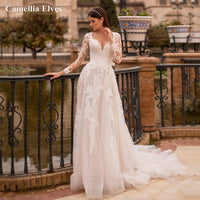 Original Sexy Illusion Long Sleeve Wedding Dress A Line Lace Appliques Bridal Gown Button Sweetheart Bride Dresses Vestidos De Novia